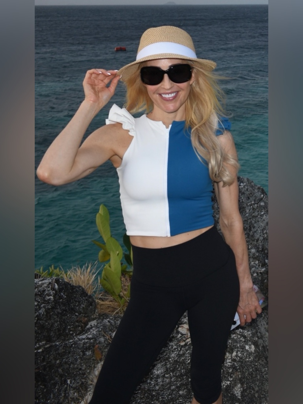 Port de Bras ruffled sholders Crop Top in Teal and White